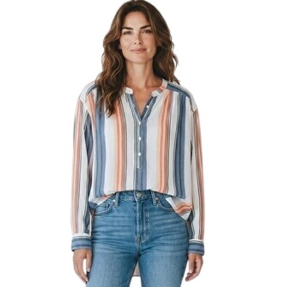 XIRENA Mika Women size Large Striped Cotton Gauze Henley Casual Preppy Beach Top